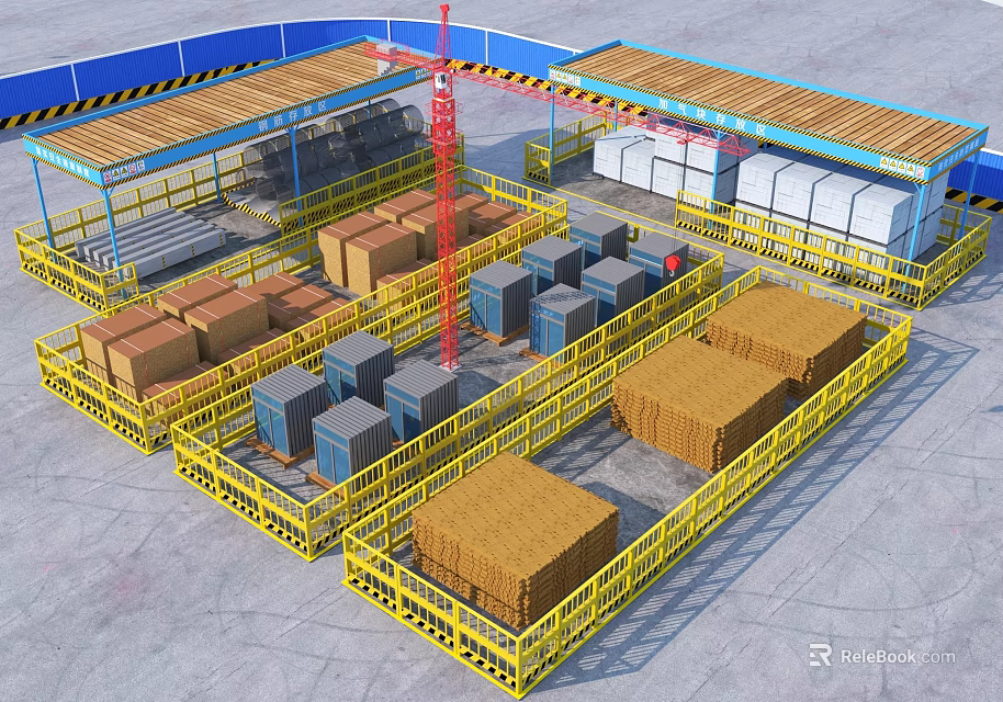 Road Infrastructure Construction Site Featuring Yellow Safety Barriers Crane And Stacked Materials 3d model 