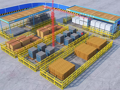 Road Infrastructure Construction Site Featuring Yellow Safety Barriers Crane And Stacked Materials 3d model
