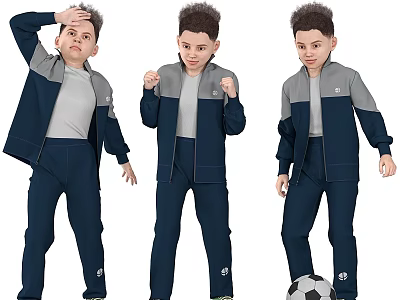 Active Kids in Navy Blue Sportswear with Soccer Ball and Various Poses 3d model