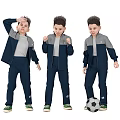 Active Kids in Navy Blue Sportswear with Soccer Ball and Various Poses