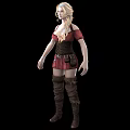 Blonde Woman In Red Off Shoulder Dress With Brown Corset And Boots From Multiple Angles