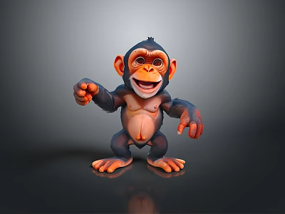 3D Rendered Smiling Cartoon Monkey With Black Head Orange Ears Hands Feet Standing Pointing 3d model