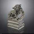 Traditional Stone Lion Sculpture with Crouching Pose and Ornate Pedestal Base