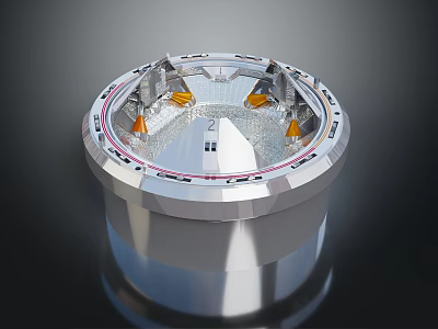 Circular Metallic Spacecraft Module With Orange Components Silver Casing Reflective Surface And Technical Interior Design 3d model