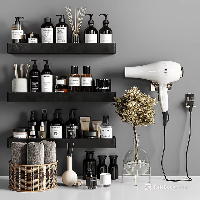 Stylish Bathroom Accessories With Shelves Shampoo Bottles Hair Dryer And Towels In Modern Bathroom 3d model 