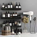 Stylish Bathroom Accessories With Shelves Shampoo Bottles Hair Dryer And Towels In Modern Bathroom