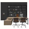 Modern Office Desk with Two Ergonomic Chairs Dark Bookshelf with Books Decorations and Plants
