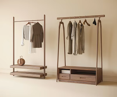 Wooden Clothes Racks With Shelf Drawers And Hanging Clothes In Minimalist Design 3d model