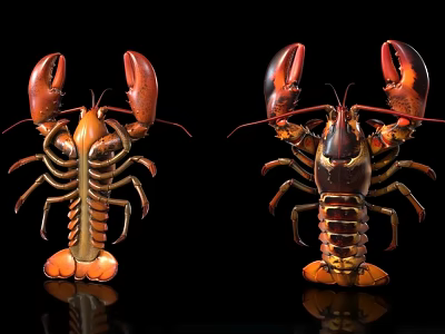 Two Vibrant Lobsters With Red Orange Claws And Detailed Shell On Black Background 3d model