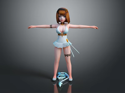 Anime Style Female Character With Brown Short Hair White Dress Sunglasses Tattoos And Blue Companion Creature 3d model