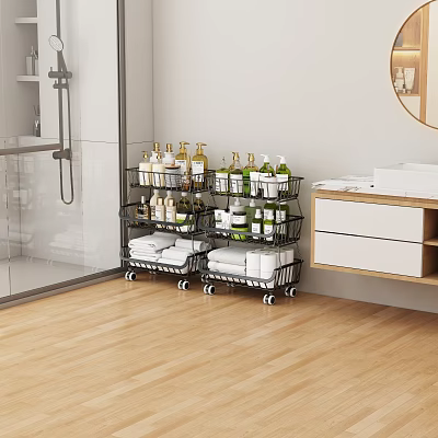 Bathroom Storage Rack with Wheels and Shelves Holding Toiletries Bottles and Towels in Modern Bathroom 3d model