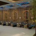 Chinese Style Restaurant Interior With Wooden Ceiling Red Pendant Lights And Beige Sofas