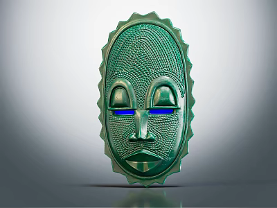 Green Decorative Mask With Textured Surface And Blue Eyes Serrated Edges 3d model