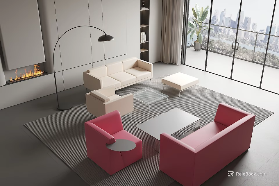 Modern Living Room With Pink And Beige Sofa And Glass Coffee Table Set 3d model 