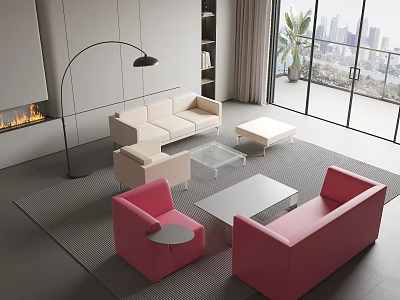 Modern Living Room With Pink And Beige Sofa And Glass Coffee Table Set 3d model
