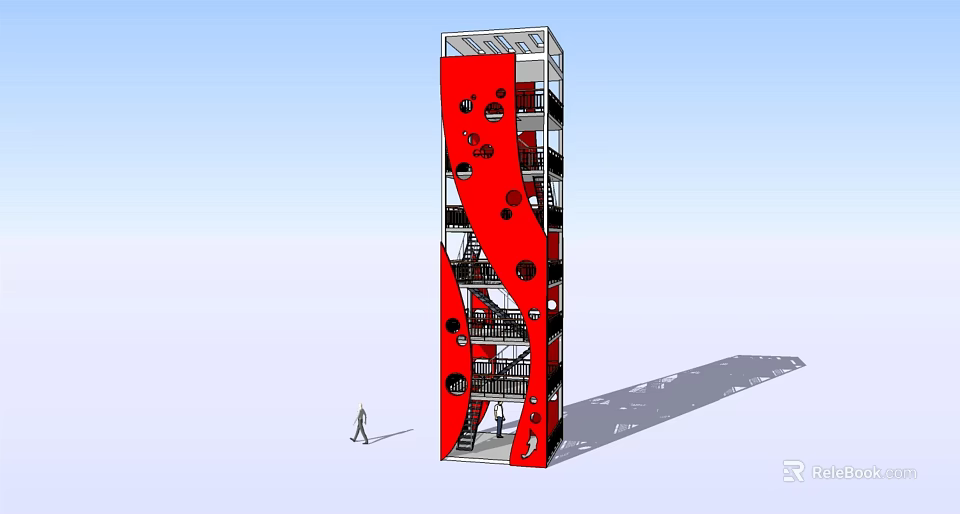 Red Modern Architectural Tower Structure With Circular Openings And Staircase Design 3d model 