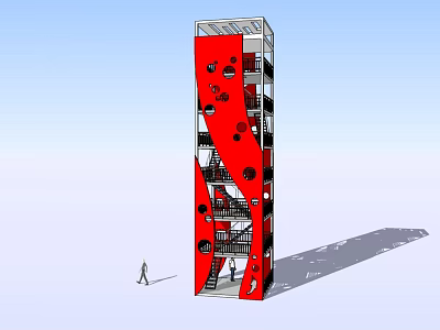 Red Modern Architectural Tower Structure With Circular Openings And Staircase Design 3d model