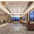 Elegant Hotel Lobby Featuring Sparkling Chandelier Lounge Sofas Bar Counter And Marble Flooring