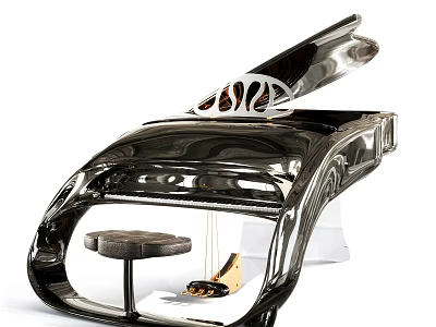 Elegant Silver Piano With Open Lid Black Bench And Polished Keys 3d model