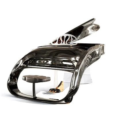 Elegant Silver Piano With Open Lid Black Bench And Polished Keys 3d model