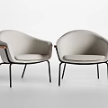 Two Modern Beige Fabric Chairs With Black Metal Legs And Wooden Armrests