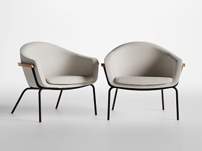 Two Modern Beige Fabric Chairs With Black Metal Legs And Wooden Armrests 3d model