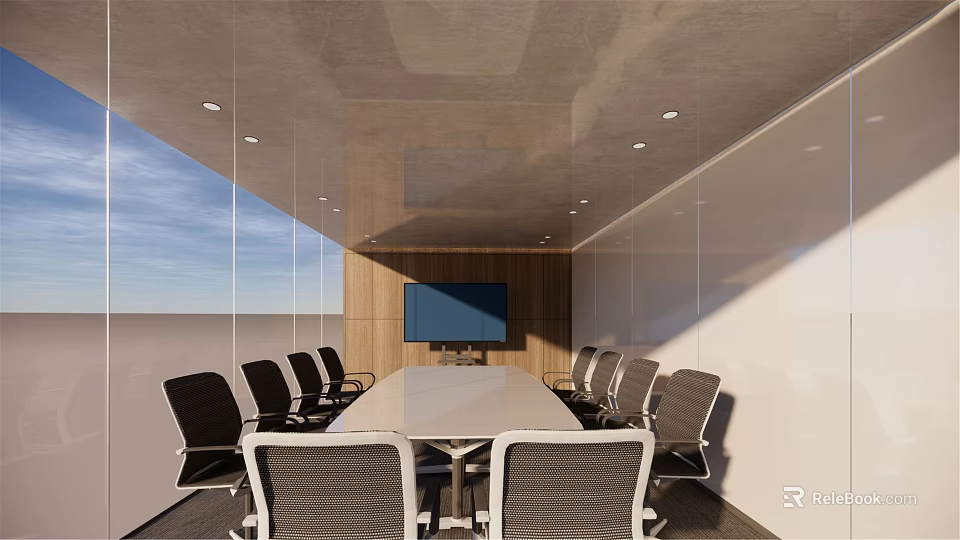 Modern Conference Room Interior Design With Long Table TV Screen And Chairs 3d model 