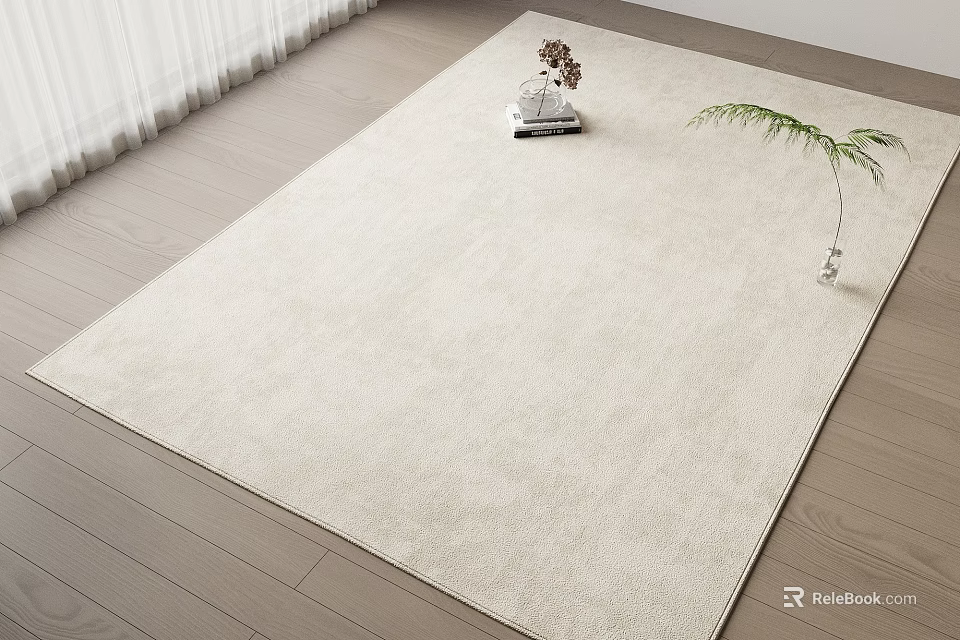 Light Beige Square Rug On Wooden Floor With White Curtains And Green Plant Decor 3d model 