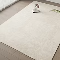 Light Beige Square Rug On Wooden Floor With White Curtains And Green Plant Decor
