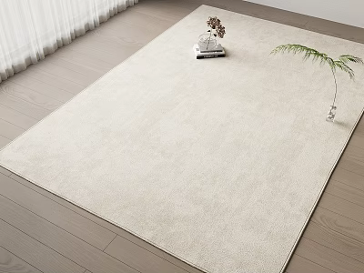 Light Beige Square Rug On Wooden Floor With White Curtains And Green Plant Decor 3d model