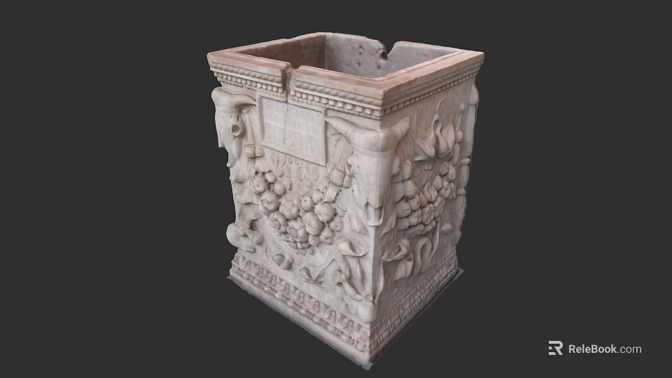 Sculpted Stone Container Square Design With Intricate Grapevine And Leaf Carvings 3d model 