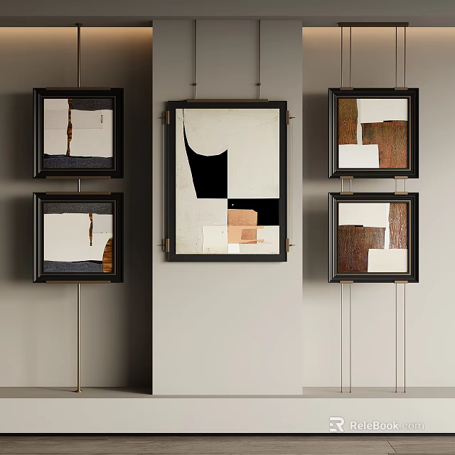 Modern Abstract Art Paintings In Black Frames On Light Colored Wall 3d model 