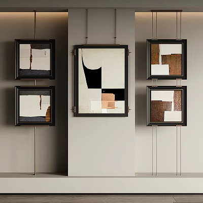 Modern Abstract Art Paintings In Black Frames On Light Colored Wall 3d model