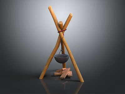 Garden Decorative Piece With Crossed Wooden Sticks Tied Red Rope Hanging Iron Cauldron And Firewood 3d model