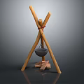 Garden Decorative Piece With Crossed Wooden Sticks Tied Red Rope Hanging Iron Cauldron And Firewood