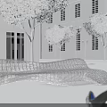 Modern Wavy Wire Mesh Landscape Bench In Urban Area With Trees And Street Lamps