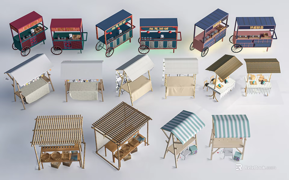 Functional Carts Featuring Various Mobile Stalls Wooden Canopies And Different Colors 3d model 