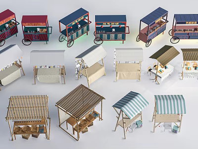 Functional Carts Featuring Various Mobile Stalls Wooden Canopies And Different Colors 3d model