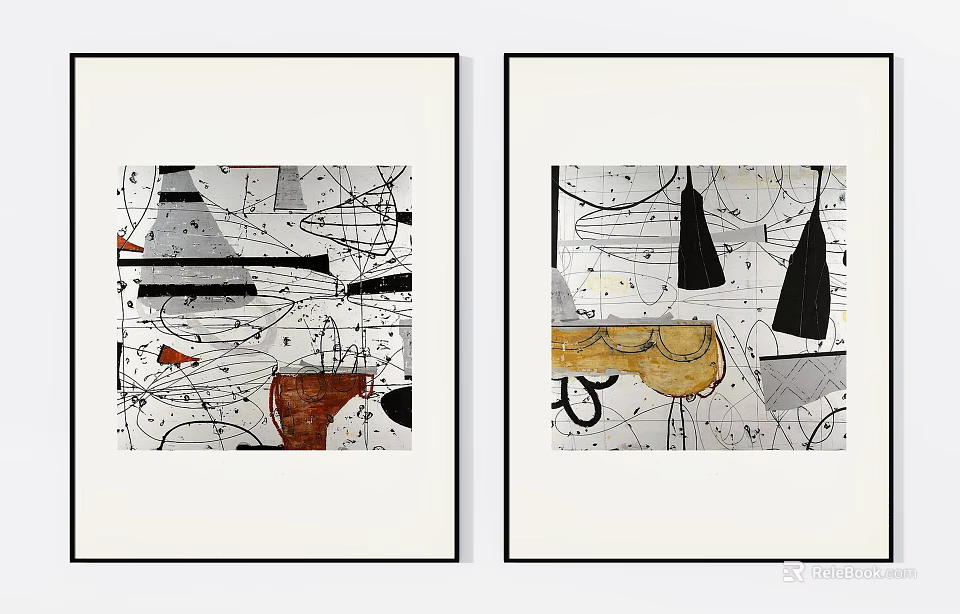 Two Framed Abstract Artworks With Geometric Patterns And Mixed Media Elements 3d model 