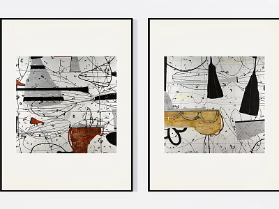 Two Framed Abstract Artworks With Geometric Patterns And Mixed Media Elements 3d model