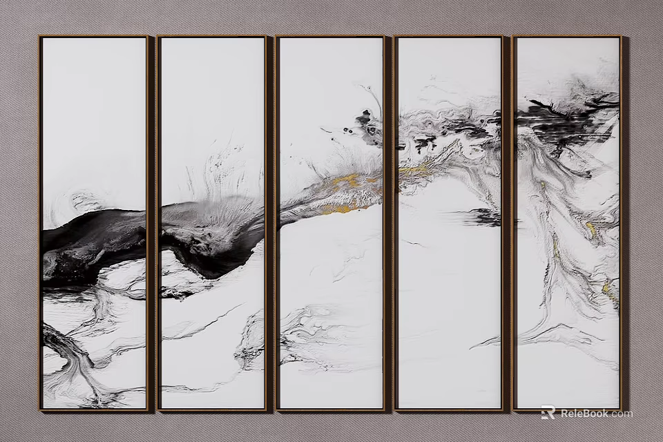 Abstract Black And White Five Panel Wall Art With Gold Ink Accents For Home Decor 3d model 