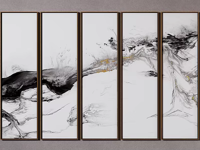 Abstract Black And White Five Panel Wall Art With Gold Ink Accents For Home Decor 3d model