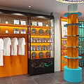 Traditional Chinese Specialty Store Interior With Orange Shelves Blue Panels And Ceramic Products