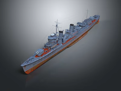 Vintage Naval Warship 3D Model with Gray Hull Orange Bottom Masts and Smokestacks 3d model