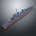 Vintage Naval Warship 3D Model with Gray Hull Orange Bottom Masts and Smokestacks