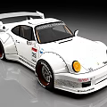 White Racing Car With Wide Body Racing Decals And Rear Wing