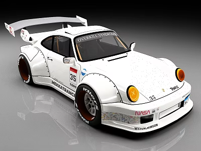 White Racing Car With Wide Body Racing Decals And Rear Wing 3d model