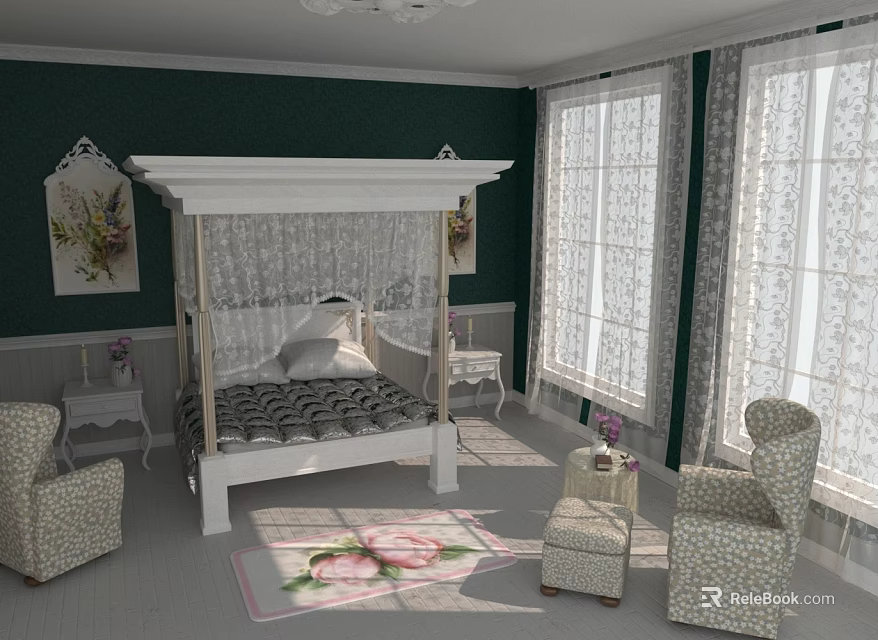 Warm Bedroom Interior With White Canopy Bed Green Walls Patterned Chairs And Pink Floral Rug 3d model 