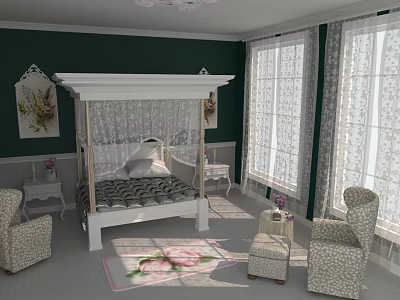 Warm Bedroom Interior With White Canopy Bed Green Walls Patterned Chairs And Pink Floral Rug 3d model