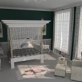 Warm Bedroom Interior With White Canopy Bed Green Walls Patterned Chairs And Pink Floral Rug